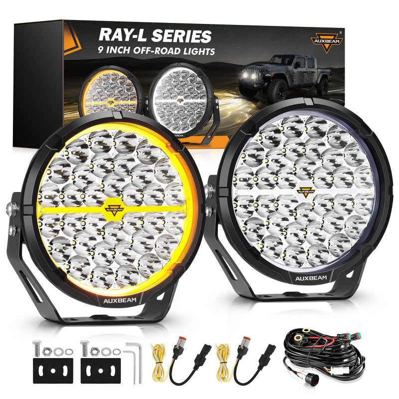 شريط إضاءة LED دائري 9 بوصة من أوكسبيم RAYL مع مصابيح DRL بيضاء/برتقالية 318 واط 34180 لومن للقيادة على الطرق الوعرة للسيارات والشاحنات UTV ATV زوج